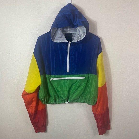 Forever 21 Hooded Colorblock Windbreaker Cropped Half Zip Pride Rainbow size L - Picture 1 of 8